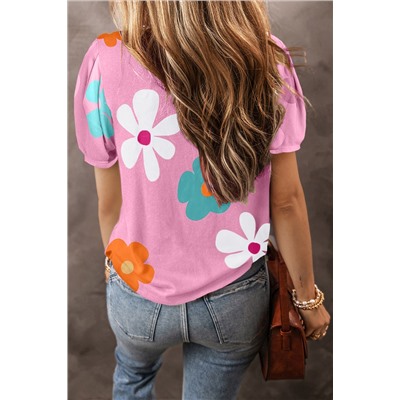 Pink Flower Print Bubble Sleeve Tee