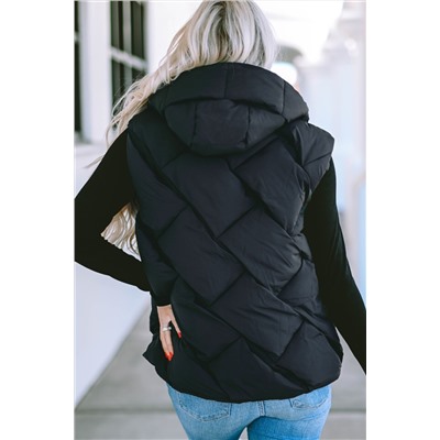 Black Quilted Zipper Front Hooded Vest Coat