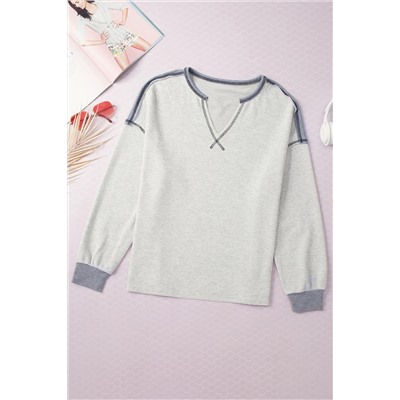 Gray Exposed Seam Ribbed Patchwork V Neck Sweatshirt