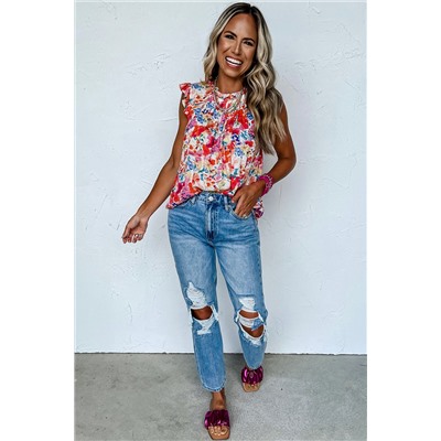 Red Frilled Neck Pleated Boho Floral Tank Top