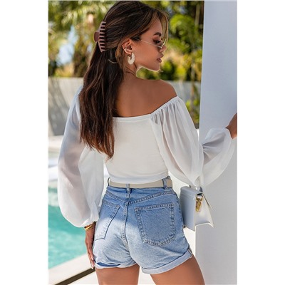 White Drawstring Front Sheer Puff Sleeve Crop Top