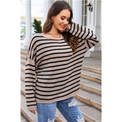 Striped Print Dropped Shoulder Loose Sleeve Sweater