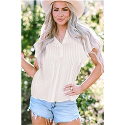 White V Neck Pleated Front Ruffled Sleeve Shirt