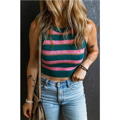 Pink Stripe Sleeveless Knit Cropped Sweater Top