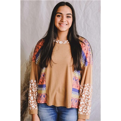 Multicolor Western Print Patchwork Long Sleeve Tee