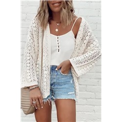 White Stylish Hollow Out Knit Drop Shoulder Cardigan