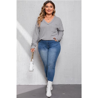 Gray Plus Size V Neck Raw Edge Long Sleeve Top