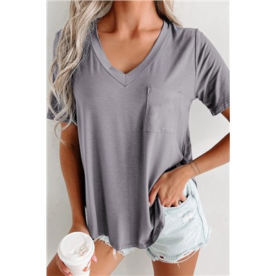 Medium Grey V Neck Pocketed Rounded Hem Tee