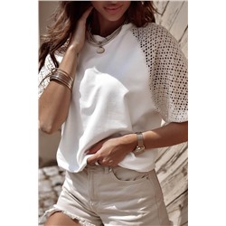 White Pointelle Lace Half Sleeve Crew Neck Tee