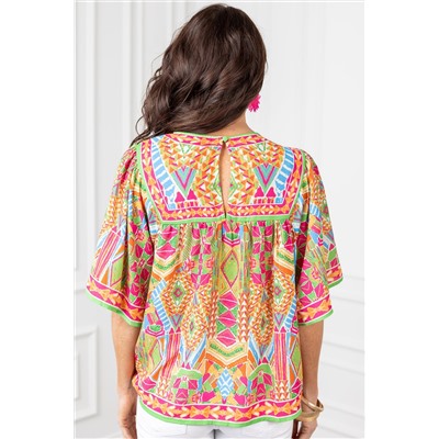 Orange Geometric Print Bell Sleeve O Neck Babydoll Blouse