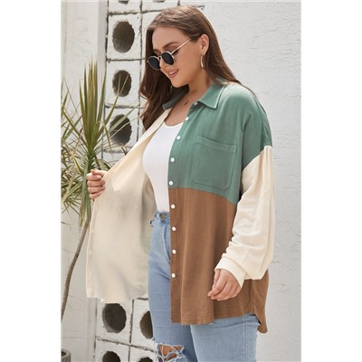 Green Colorblock Raw Edge Plus Size Shirt