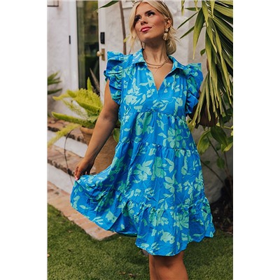 Sky Blue Plus Size Floral Print Flutter Sleeve Buttoned Mini Dress