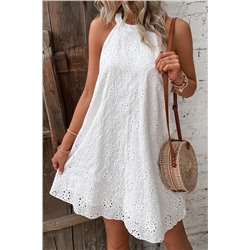 White Boho Eyelet Pattern Halter Neck Sleeveless Dress