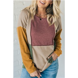 Light French Beige Exposed Seam Colorblock Knit Long Sleeve Top