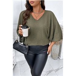 Jungle Green Plus Size V Neck Textured Knit Dolman Top