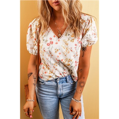 Beige Boho Floral Lace Trim Short Sleeve Blouse