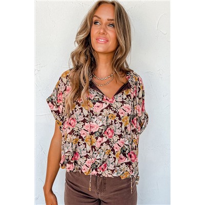 Pink Floral Print Bubble Hem Split Neck Blouse