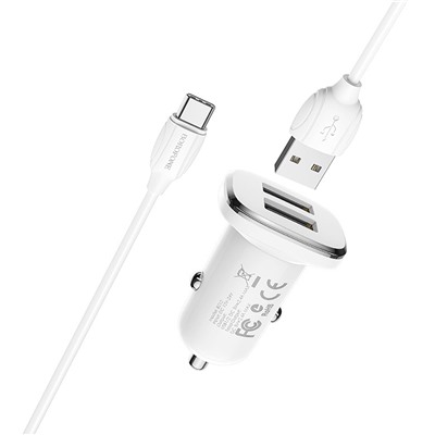 Адаптер Автомобильный с кабелем Borofone BZ12 Lasting 2USB/5V/2.4A +Type-C (white)