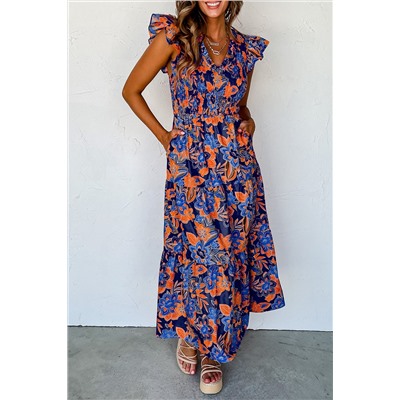 Dark Blue Boho Floral V Neck Ruffle Tiered Long Dress