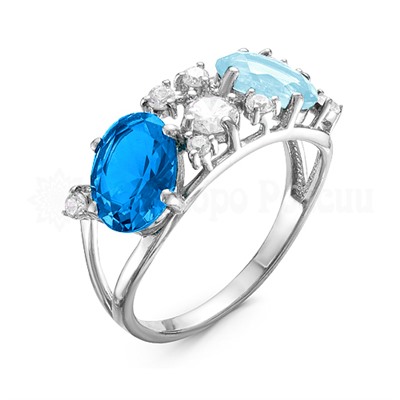 Кольцо из серебра с кварцем топаз swiss blue, sky blue и фианитами родированное