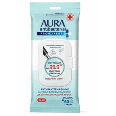 Влажные салфетки бытовые Aura Antibacterial Pro-Expert, белый, 24 ш #21257100