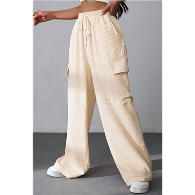 Бежевые широкие брюки-карго из текстурированной ткани