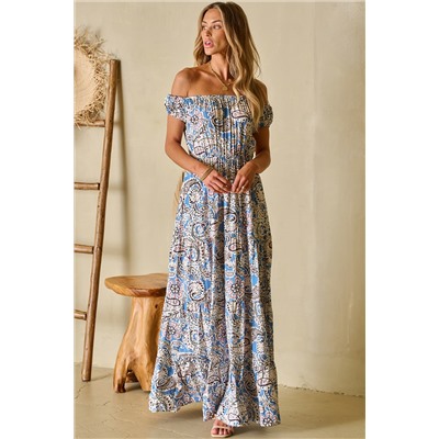 Blue Boho Paisley Print Off Shoulder Maxi Dress