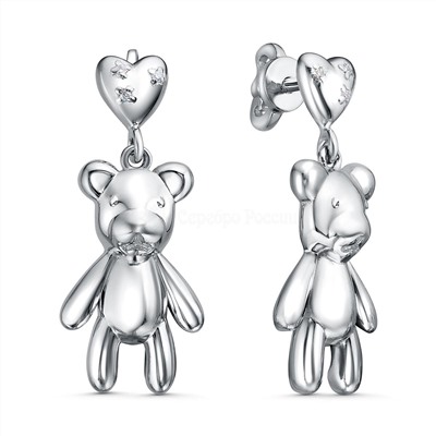 Серьги-пусеты из серебра с фианитами родированные - Мишки и сердца