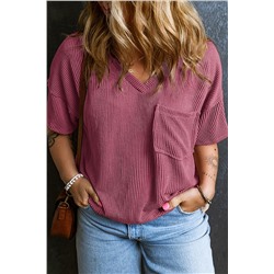 Rose Pink Textured V-Neck Dropped Shoulder Plus T-Shirt