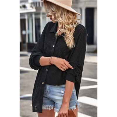 Black Plus Size Chest Pocket Waffle Knit Shirt