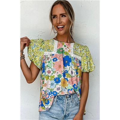 Green Bubble Sleeve Lace Trim Floral Mixed Print Blouse