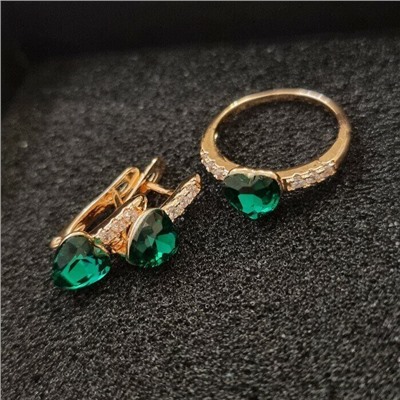 Комплект ювелирная бижутерия, серьги и кольцо позолота, камни зеленые, р-р 18, 54209 арт.847.849