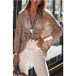 Khaki Hollowed Knit V Neck Dolman Sleeve Sweater