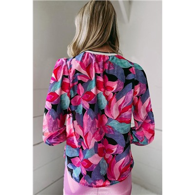 Multicolor Floral Print Ruched Sleeve Puff Sleeve Blouse