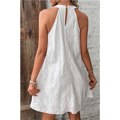 White Boho Eyelet Pattern Halter Neck Sleeveless Dress