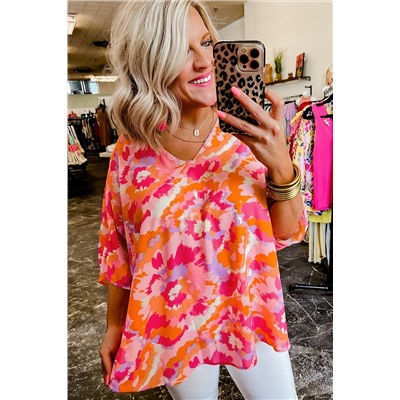 Rose Red Abstract Print V Neck Summer Blouse