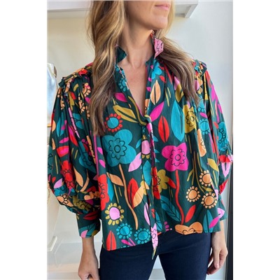 Green Floral Knot Split Neck Puff Sleeve Blouse