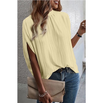 White Wavy Textured Split Sleeve High Neck Blouse