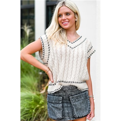 White Contrast Trim V Neck Cable Knit Sweater Vest