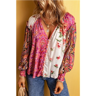 Pink Multicolor Floral Patchwork Shirred Cuffs Buttoned Blouse