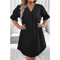 Black Solid Ruffled Puff Sleeve V Neck Plus Size Mini Dress