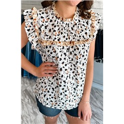 White Frilly Trim Leopard Animal Spots Blouse