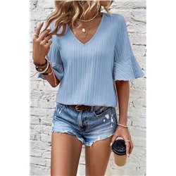 Beau Blue Ruffled Half Sleeve V Neck Textured Top