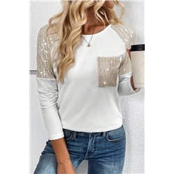 White Sequin Patch Chest Pocket Raglan Sleeve Top