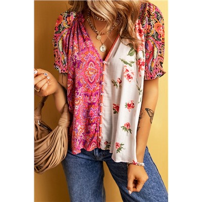 Multicolour Boho Floral Patchwork Buttoned Short Sleeve Blouse