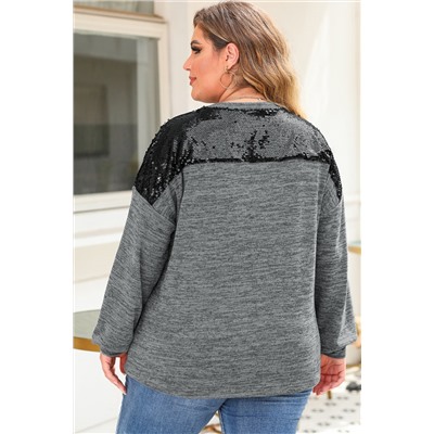 Gray Sequin Patchwork Long Sleeve Plus Size Top