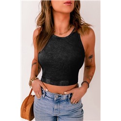 Black Ribbed Mineral Wash Racerback Cropped Tank Top