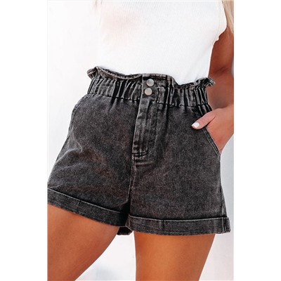 Black Vintage Washed Frilled High Waist Denim Shorts