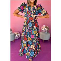 Green Retro Floral Printed Split Neck Maxi Dress