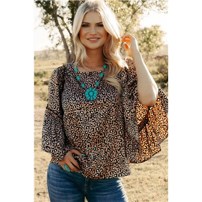 Chestnut Leopard Print Ruffle Wide Sleeve Blouse